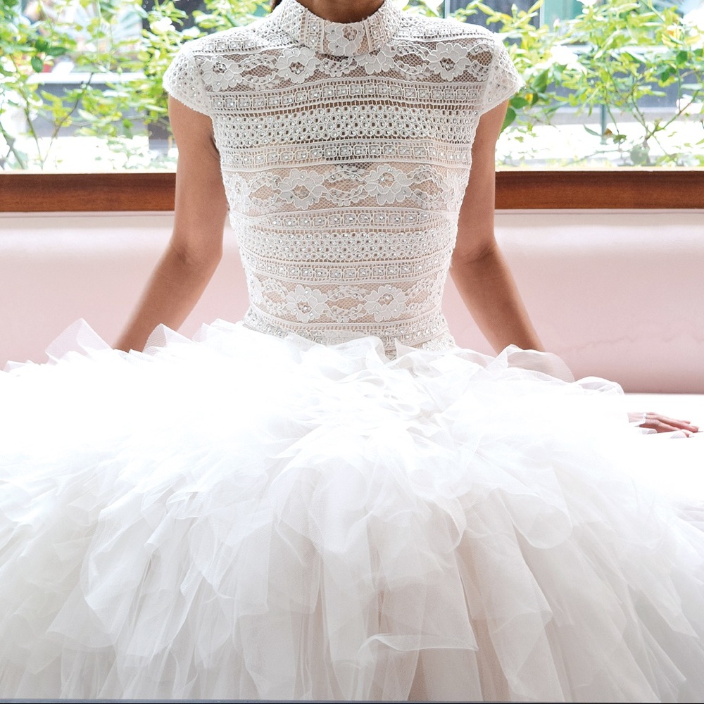 White High Neck Laced Mermaid Gown w/ Cap Sleeves